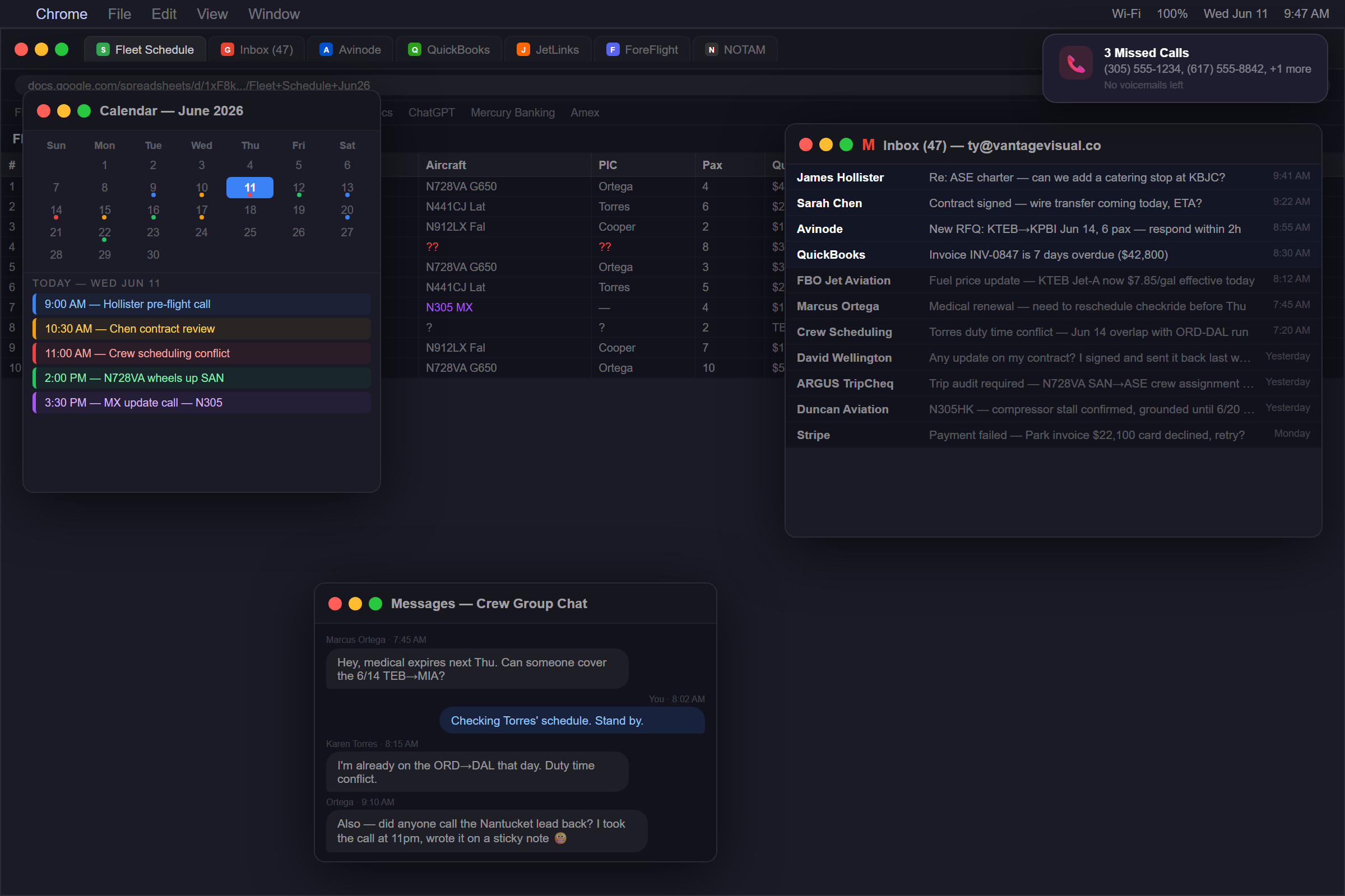 Chaos — fleet spreadsheet, inbox, calendar, missed calls